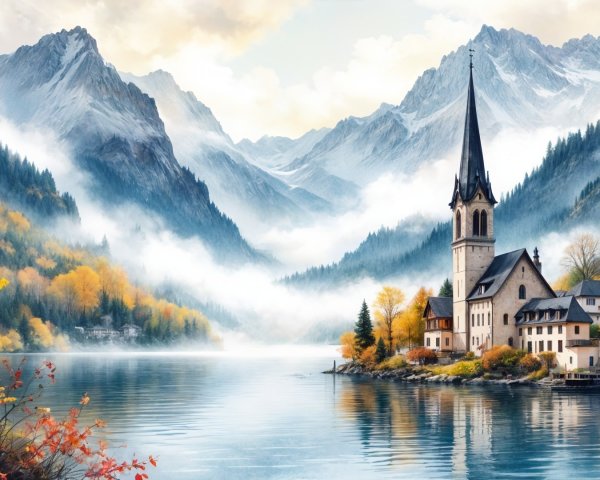 Picturesque Church by Tranquil Lake in Autumn Foliage
