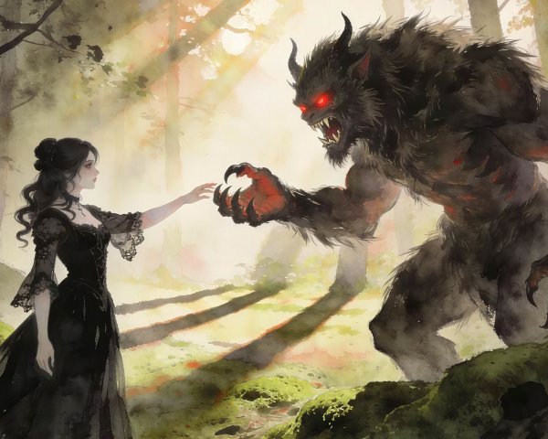 Gothic Encounter Between Woman and Werewolf in Forest