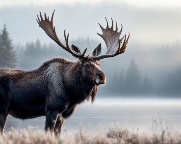 Moose by Misty Lake in Serene Forest Landscape