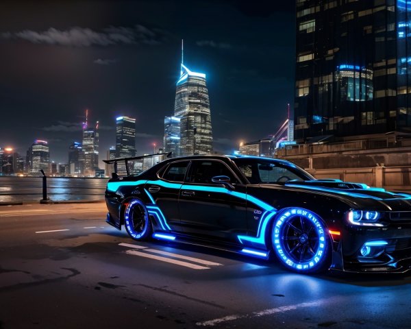 Black Sports Car with Blue Underglow in City Night