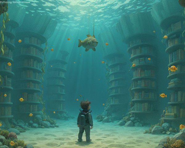 Underwater Library with Boy and Colorful Fish