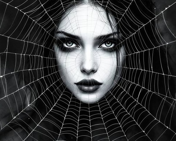 Mystical Woman with Spiderweb in Grayscale Close-Up