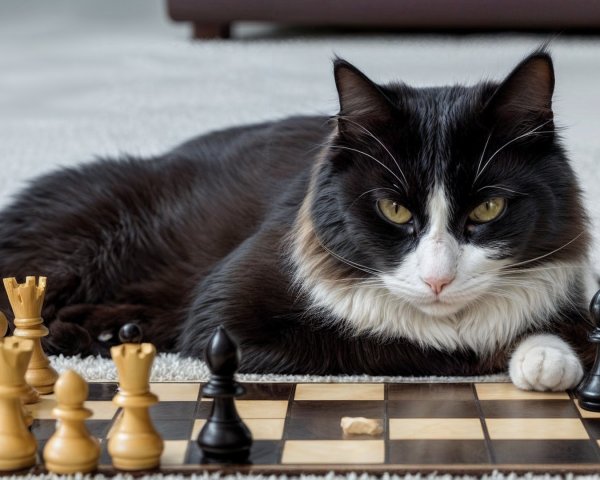 Black and white cat on carpet near chessboard scene