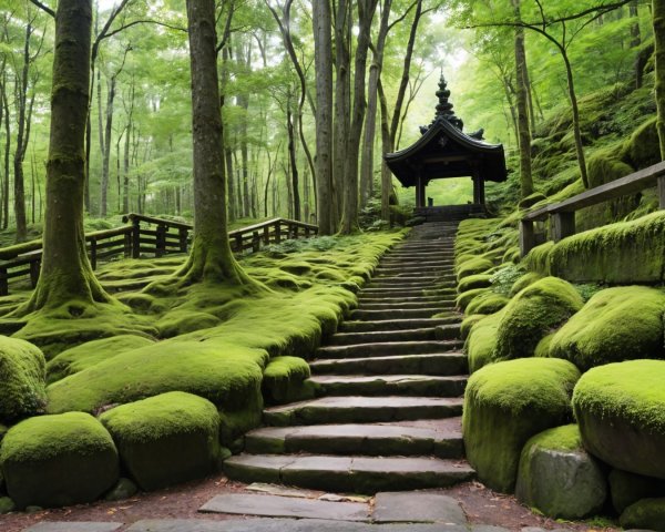 Serene Forest Scene with Winding Stone Staircase