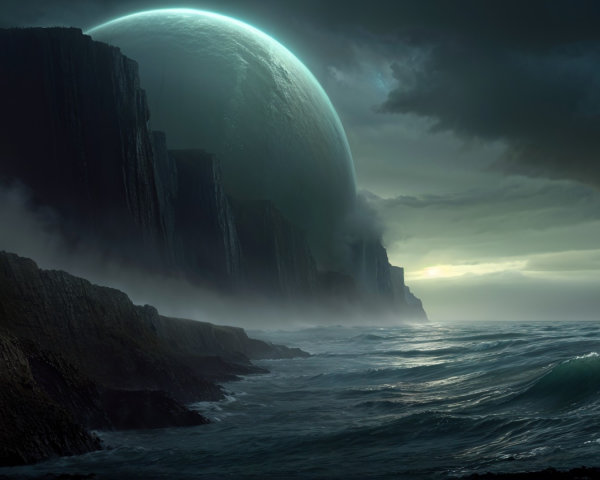 Otherworldly Landscape with Towering Cliffs and Waves
