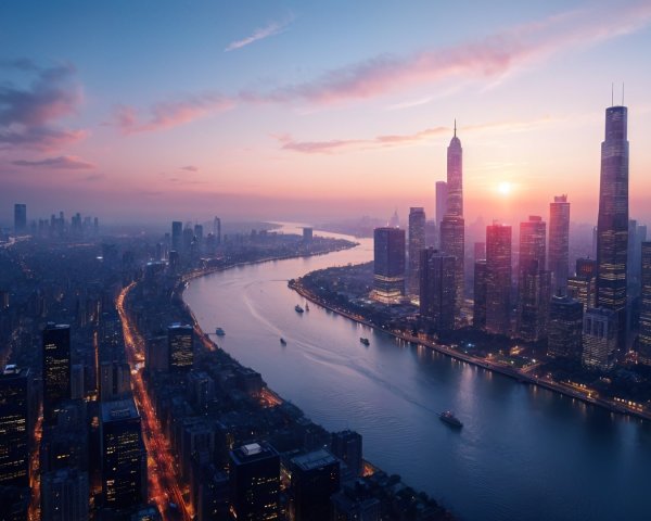 Aerial View of Vibrant City Skyline at Dusk