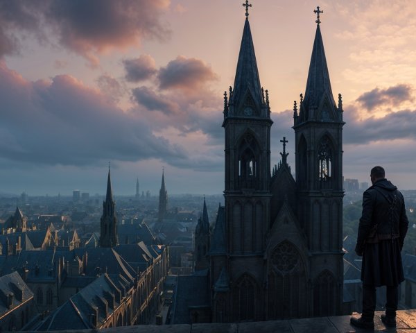 Silhouette on Grand Building Overlooking Gothic Cityscape