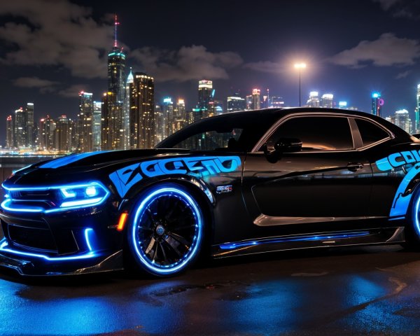 Black Muscle Car with Blue Underglow in City Night