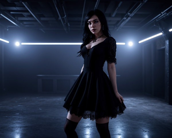 Young woman in fitted black dress with lace details