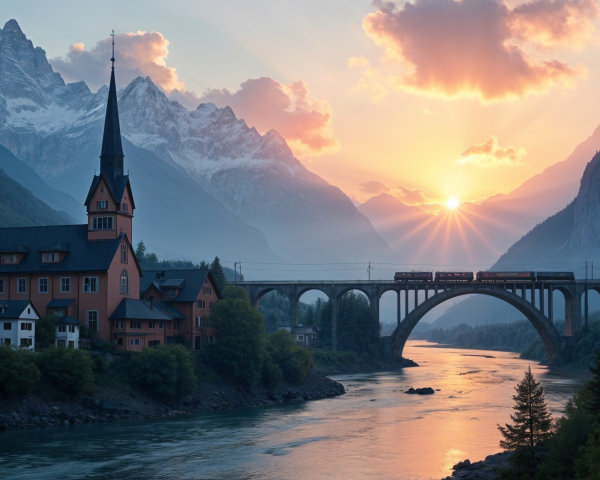 Charming Village Landscape with Historic Church and Mountains