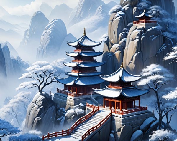 Serene Winter Landscape with Ornate Pagodas and Mist