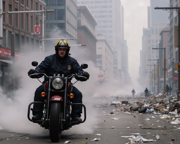 Firefighter on Motorcycle in Post-Apocalyptic Urban Scene