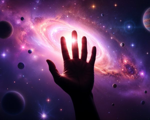 Silhouetted Hand Against Vibrant Cosmic Scene