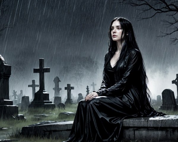 Somber Cemetery Scene with Young Woman in Black Gown