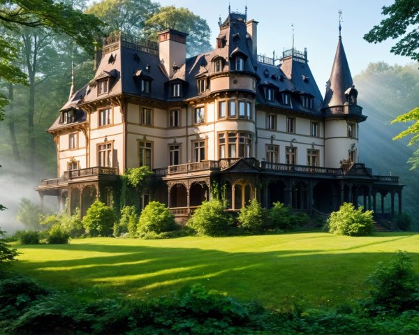 Ornate Mansion Surrounded by Lush Greenery and Serenity