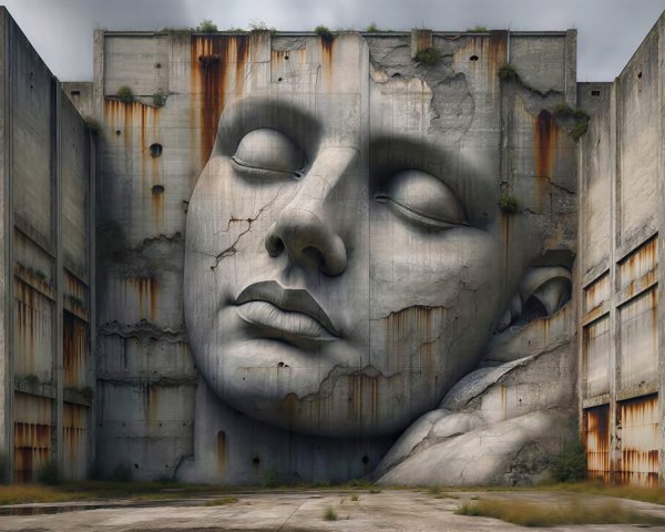 Large Female Stone Statue on Industrial Wall