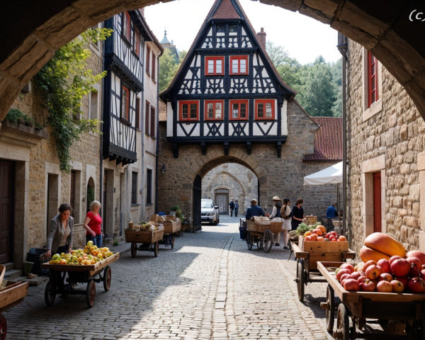 Charming Cobblestone Street with Market and Archway