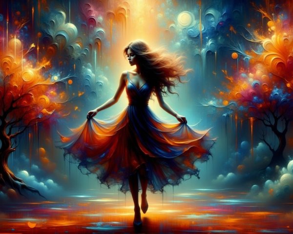 Silhouette of a Woman in a Vibrant Dress in Fantasy Landscape