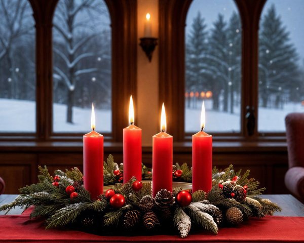 Advent Wreath on Table with Snowy Landscape View