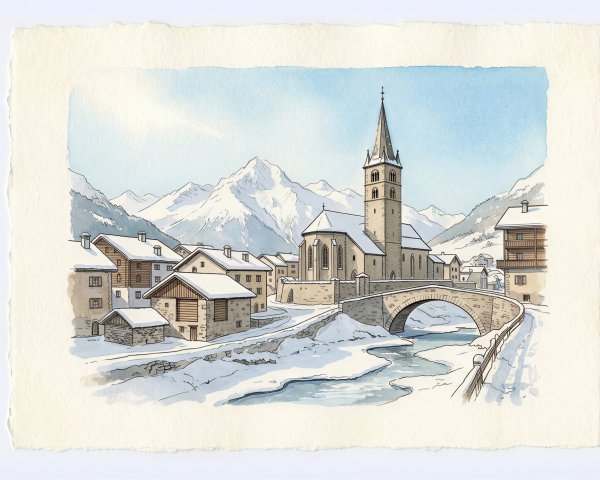 Watercolor Painting of a Winter Village Landscape