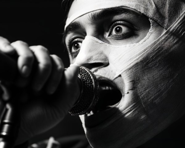 Close-up of a performer singing with bandaged face