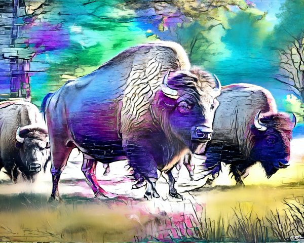 Bison in Vibrant Abstract Landscape with Soft Brushstrokes