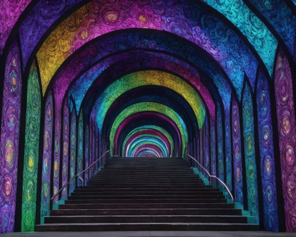 Vibrant Staircase with Colorful Archways and Patterns