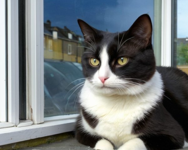 Black and white cat gazing out a window scene