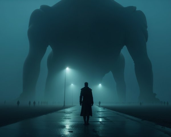 Misty Urban Landscape with Lone Figure and Giant Shadow