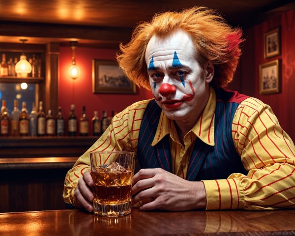 Clown in Colorful Attire at Dimly Lit Bar