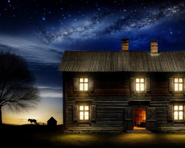 Rustic Wooden House Under Starry Night Sky