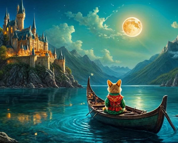 Fox in Cloak on Boat by Castle Under Moonlight