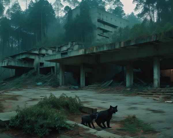 Black Cats in Overgrown Landscape with Derelict Building