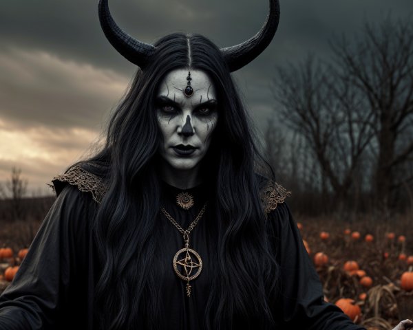Figure with Horns in Pumpkin Field at Dusk
