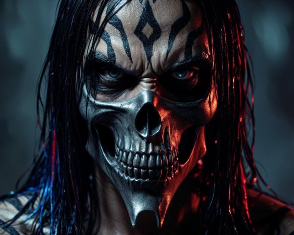Menacing Figure with Skull Mask and Tribal Tattoos