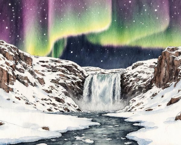 Watercolor Winter Landscape with Waterfall and Northern Lights