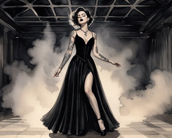 Elegant figure in black gown with dramatic backdrop