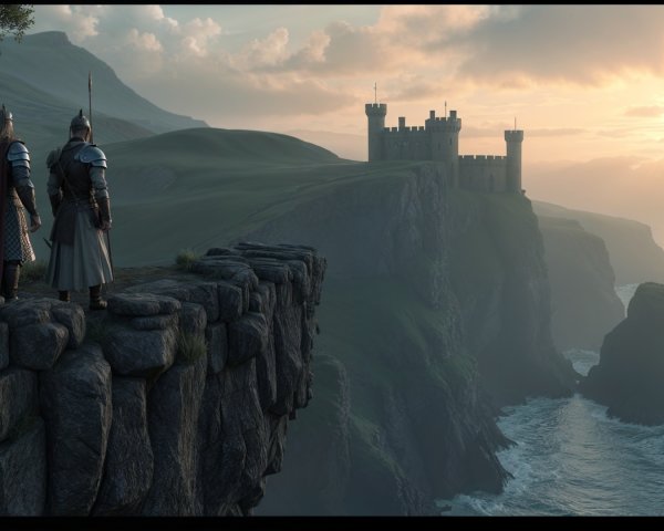 Armored Figures Overlooking a Coastal Castle at Sunset