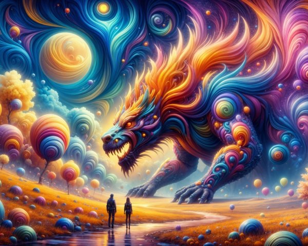 Surreal Landscape with Dragon Creature and Dreamlike Elements