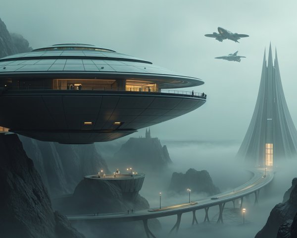 Futuristic Landscape with UFO Craft and Spire Structure