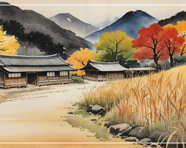 Traditional Japanese Houses Amidst Autumn Foliage