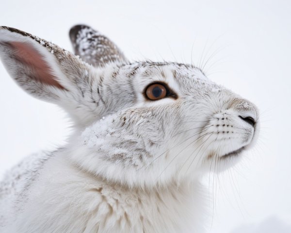 Close-up of an arctic hare with white fur and snow