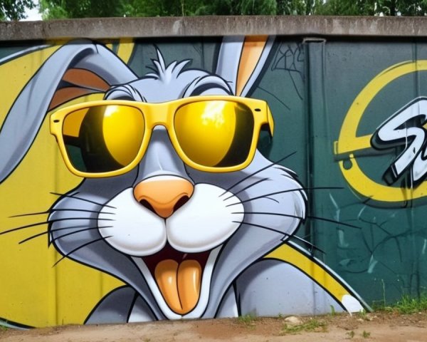Vibrant Graffiti Mural of Cartoon Rabbit with Sunglasses