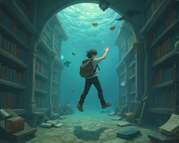 Underwater Library with Bookshelves and Swimming Fish