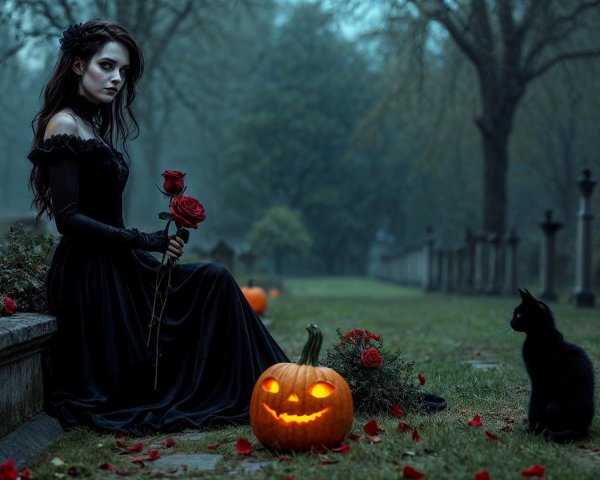Misty Graveyard with Victorian Woman and Pumpkins