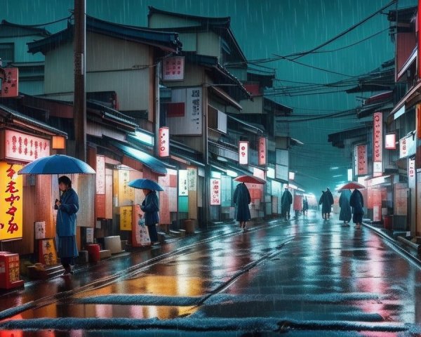 Vibrant Rain-Soaked Night Market Street Scene