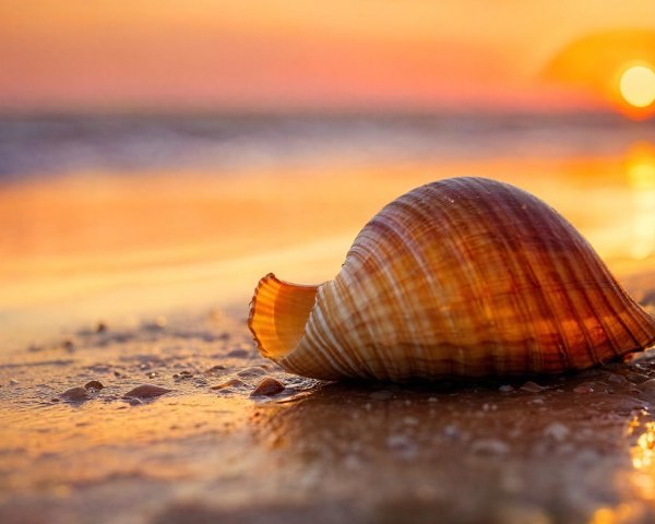 Seashell on Wet Sand at Sunset with Reflections
