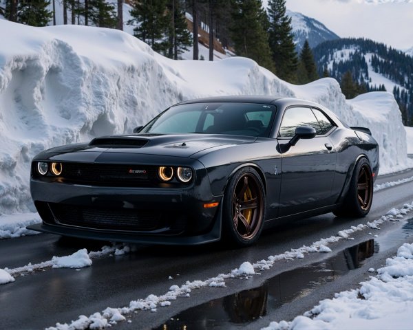 Black Muscle Car in Winter Landscape with Mountains