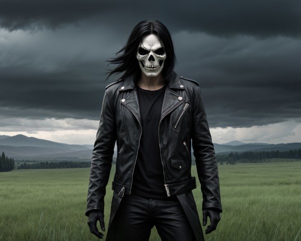 Figure in Leather Jacket in Open Field Under Clouds