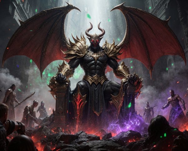 Demon Throne Surrounded by Shadowy Warriors and Light